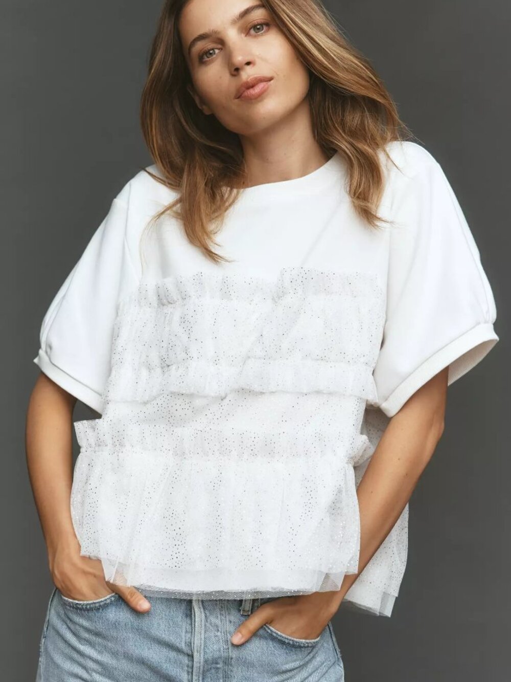 Anthropologie Maeve Short-Sleeve Smocked Ruffled Sweatshirt WHITE L new with tag